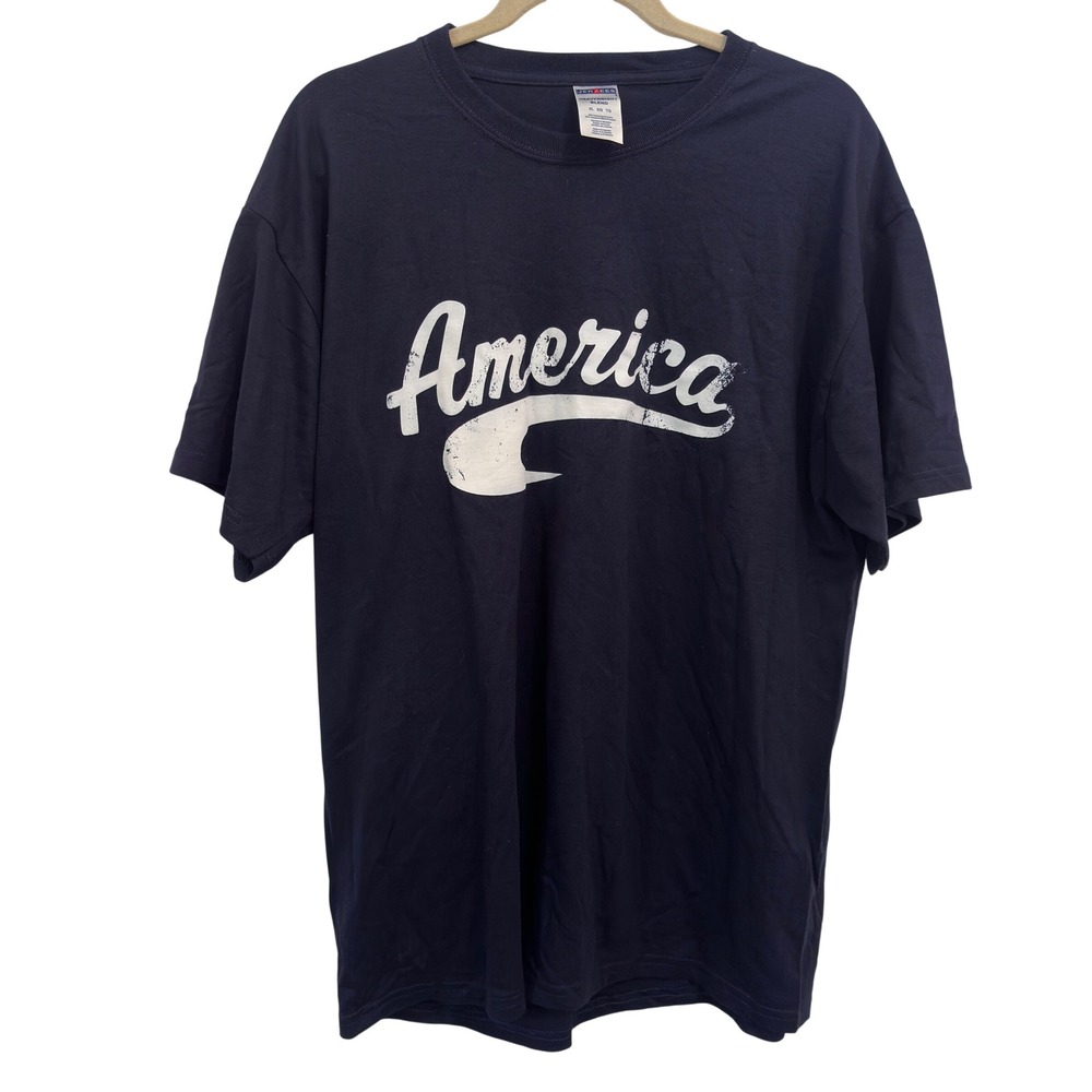 Jerzees Graphic T Shirt Mens XL Navy Blue Distressed Script America Cotton Tee